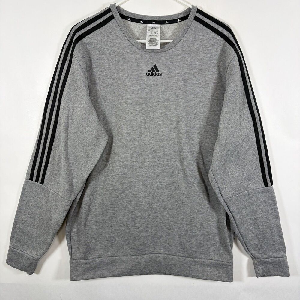 Adidas Crewneck Sweatshirt Mens Size Large Gray Black Logo Three Stripe Fleece